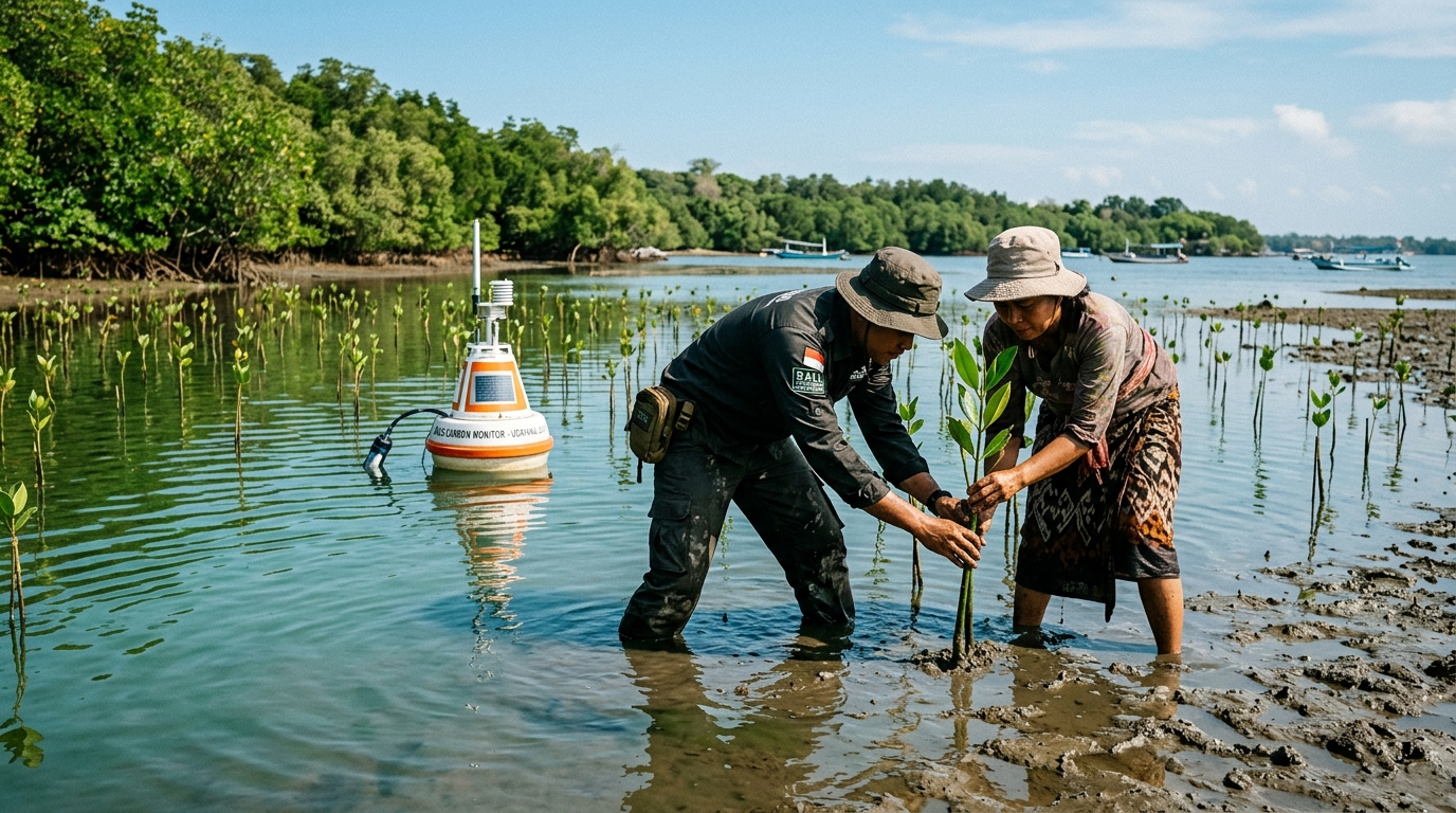 AION mangrove blue carbon sanctuary in Bali with water quality sensor monitoring